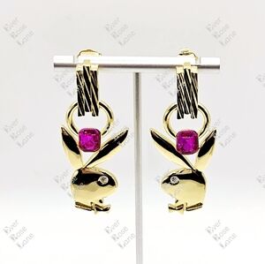 Oceanus x Playboy Bunny Golden Earrings Hot Pink Stone Rare New